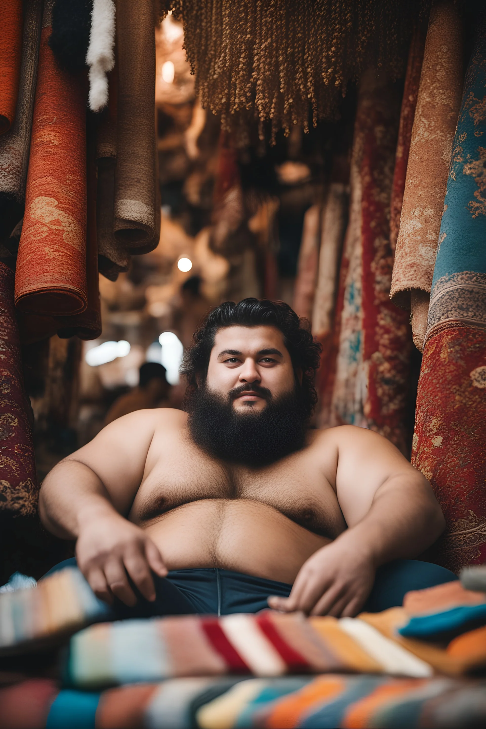 close up photography of a burly chubby muscular strong 23-year-old turkish man in Istanbul bazaar, shirtless, wearing shorts, short beard, selling carpets sitting on a pile of carpets, big shoulders, manly chest, very hairy, side light, view from the ground