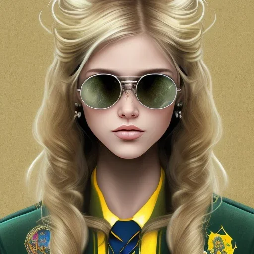 Girl with long wavy brown blond hair, yellow hawk eyes. Wears Hogwarts Hufflepuff uniform and sunglasses with a yellow clip.