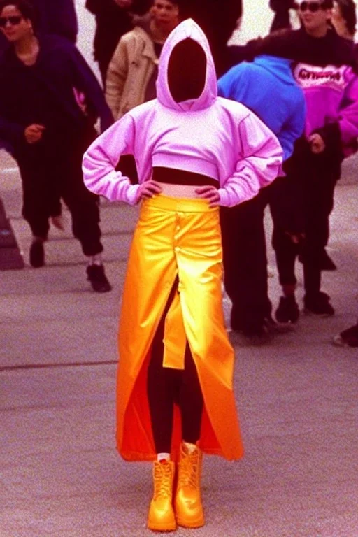 year 1996 fashion. Straight skirt, low waist. Combat hoodie with a top with long tippet, which continues to the hood, which goes across in the front. Colors: denim blue, blue, purple, cream, khaki, "pastel green", lilac, plum, orange, terracotta, red, light yellow, pink, dark blue, beige. Latex in small part. Sturgeons vulgarism pattern prints.. Missy Elliot, gwen stephani, Jennifer Lopez. Karjalainen kuvio, Karjala patterns tradiotional. Hat with a visor.