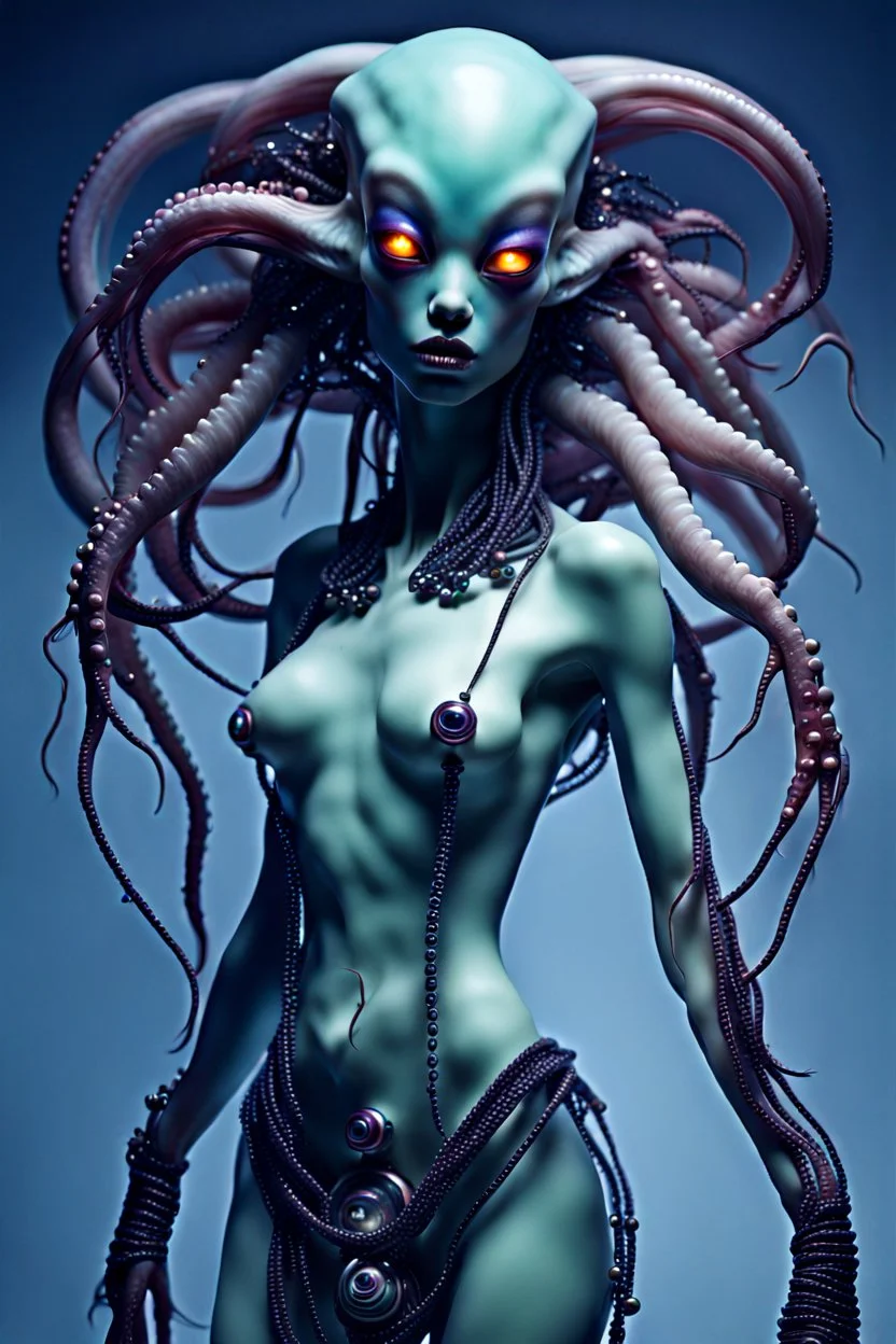 gorgeous female humanoid alien full body model, tentacles, orichalcum jewelry and piercings, beautiful face, glowing eyes, porcelain skin.