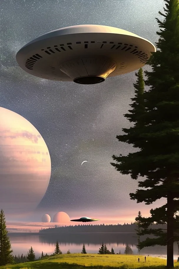 hundreds of school kids see a ufo, flying over tall pine trees, concept art