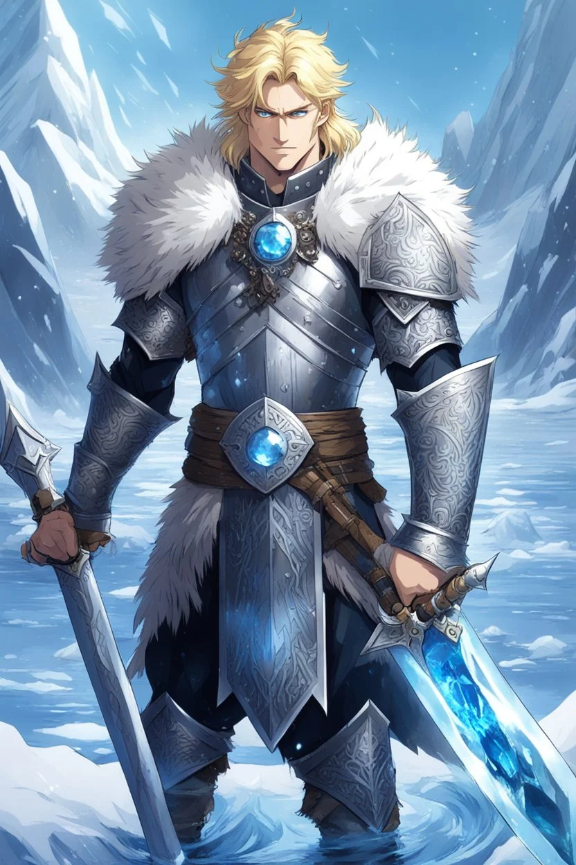 1 anime man. warrior, with blue eyes and blonde hair man in silver Viking armor with fur around the neck with blue crystal on his chest, standing in water in the artic, holding a ice sword and shield, warrior in, anime style