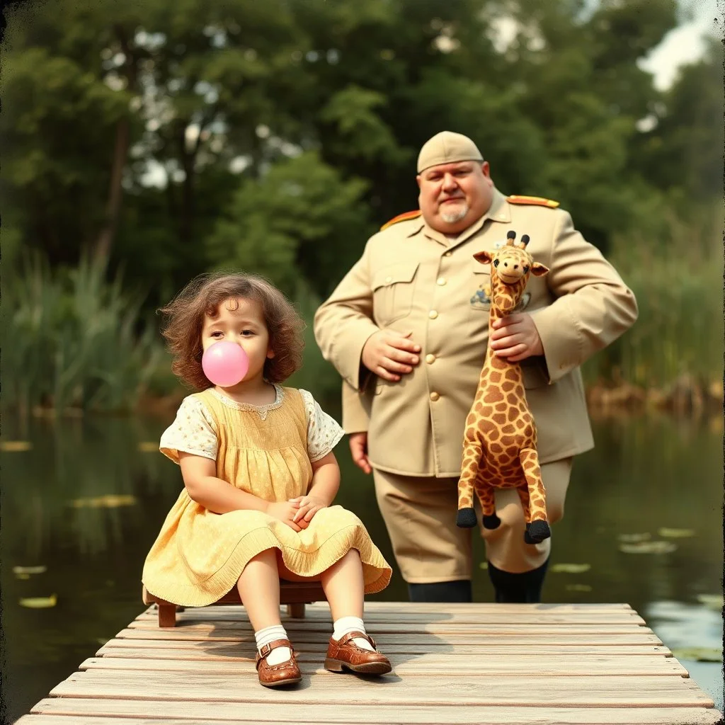 Nostalgic vintage color photograph of a preconscious girl with curly hair blowing a pink bubblegum bubble while sitting on a small dock of a summertime pond, standing behind her is a hugely fat man dressed in a beige US generals uniform with a cornhusk hat, General is holding a giraffe stuffed animal