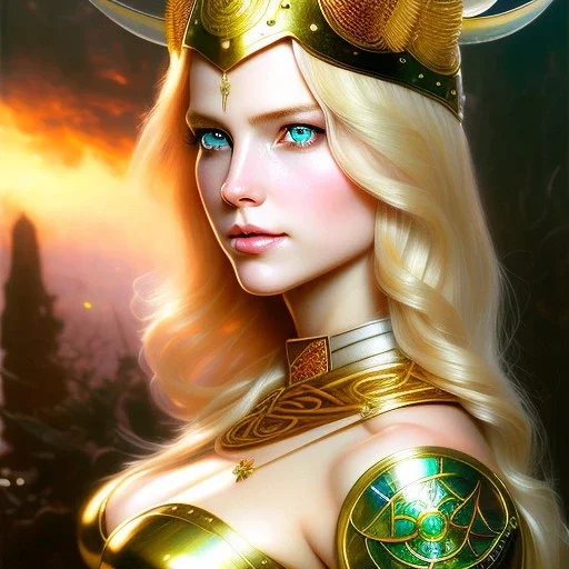 portrait 'beautiful Sexy busty Blonde Sif',long hair,horned helmet, celtic tattoed,crystal clear green eyes,painting by gaston bussiere, greg rutkowski, yoji shinkawa, yoshitaka amano, tsutomu nihei, donato giancola, tim hildebrandt, oil on canvas, cinematic composition, extreme detail,fit full head inside picture,32k