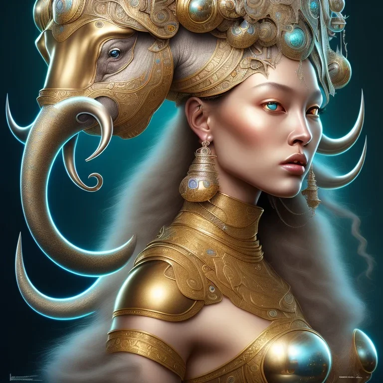 ssango fantasy, fantasy magic, intricate, sharp focus, illustration, highly detailed, digital painting, concept art, matte, artgerm and paul lewin and kehinde wiley, masterpiece silver elephant head bronze Asian African girl nice breast Hawaiian hair turquoise golden waves