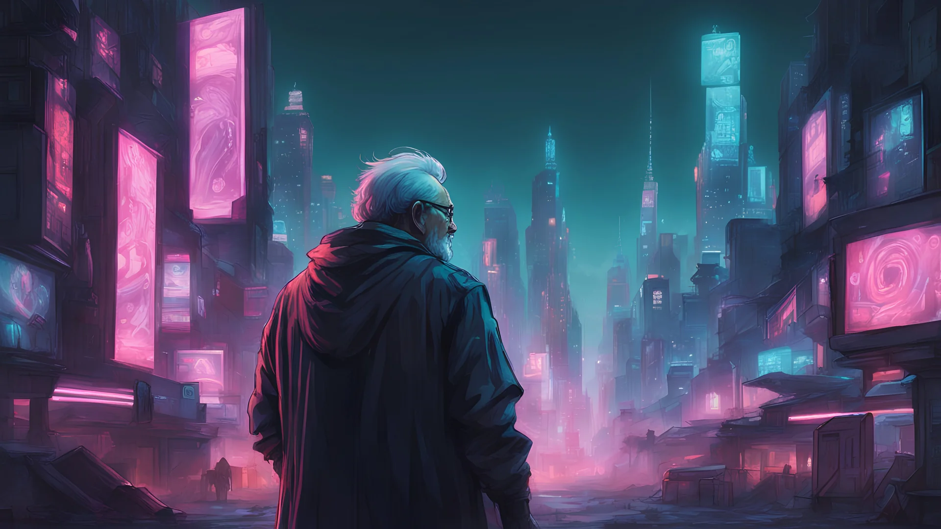 I'd like an old man with his back turned holding a staff, partially cyberized, looking a dystopian city from far away, neon sky billboards