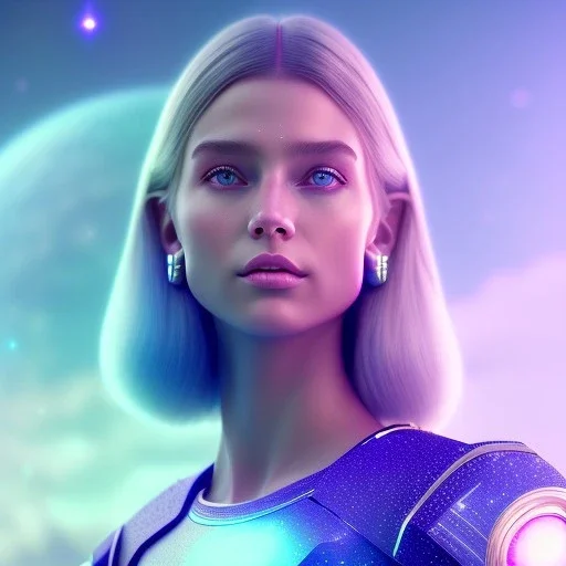 A portrait of a crystalline girl,smiling, longs blond hairs, green eyes, galactic dress, atmospheric, realistic, cinematic lighting, octane render, purple and blue sky, nebula, stars, planets in background, spaceship in background