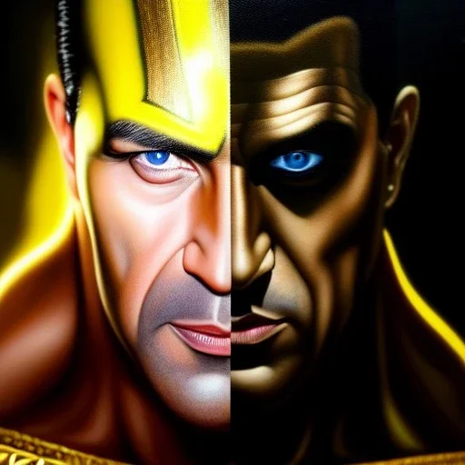 ultra detailed Portrait on oil in canvas of Black Adam, extremely detailed digital painting, extremely detailed face,crystal clear Big Glowing eyes, mystical colors ,perfectly centered image, perfect composition,rim light, beautiful lighting, 8k, stunning scene,extremely sharp detail, finely tuned detail, ultra high definition raytracing, in the style of Simon Bisley and Ishimura.