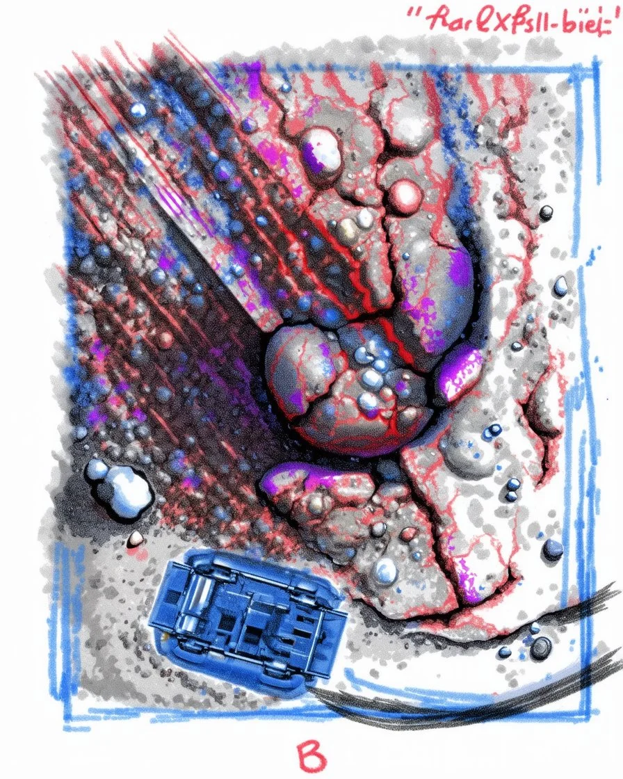 High-altitude lunar reconnaissance satellite image of a young impact crater with larger regolith along right ride. A damaged metallic alien sphere with fracture lines like an egg. organic growth across regolith and up crater walls. Along the lower frame edge a small modern bare-bones lunar-vehicle sits near the rim with visible wheel tracks. comic pencils