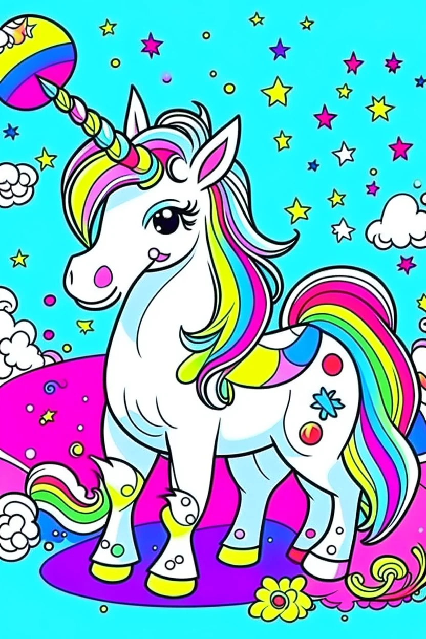 kids illustration, an unicorn image, cartoon style, thick line, low details, vivid color