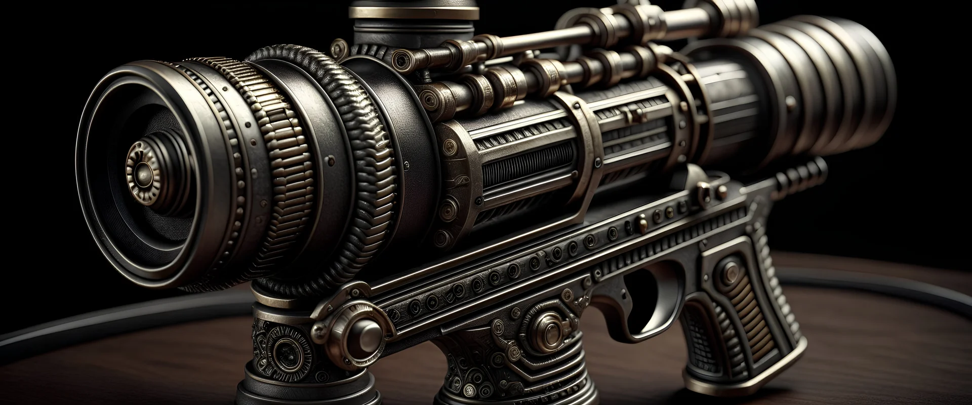 High-end state-of-the-art STEAMPUNK aesthetics flawless Thompson submachine gun DSLR Telephoto Submachine gun Camera,front view Highest quality telescopic Zeiss Zoom lens, supreme cinematic-quality photography,waltnut wood handle,Art Nouveau,Vintage style Octane Render 3D technology,hyperrealism photography,(UHD) high-quality cinematic render,Insanely detailed close-ups capturing beautiful complexity,Hyperdetailed,Intricate,8K,