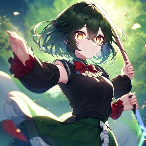 Clear focus, High resolution, Rough line, brown short hair with long locks fluffy, floating hair, glowing eyes, holding a sword, wearing a green leaf in her hair, wearing dark green skirt with a white line, wearing a red bow and a black sleevless shirt, cut frilled sleeve at top, sleeve have a ribbion at the end, wearing black fingerless gloves