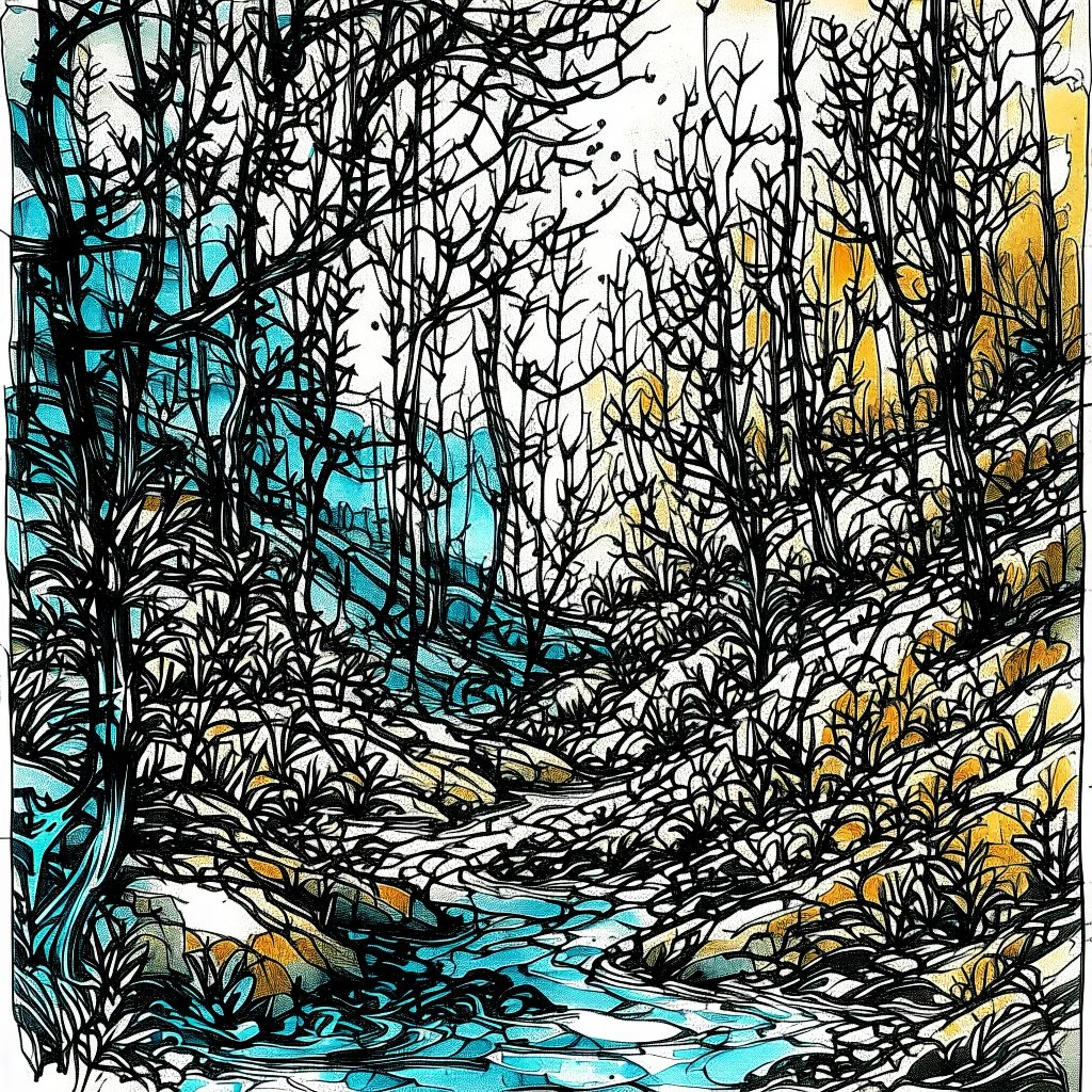 Perchance : Surreal, expressive nature sketch in a relaxed watercolor and ink style. Fast, shaky black ink contour lines with frequent breaks, intersections, and varying thickness. Watercolor washes of ochre, terracotta and powder blue are loosely applied, often deliberately misaligned with ink borders to create a sense of movement. Visible cold pressed paper texture and ample white space. Subject: forest detail, trees, undergrowth, stream with rocks, waterfall. Deep, atmospheric shadows in the