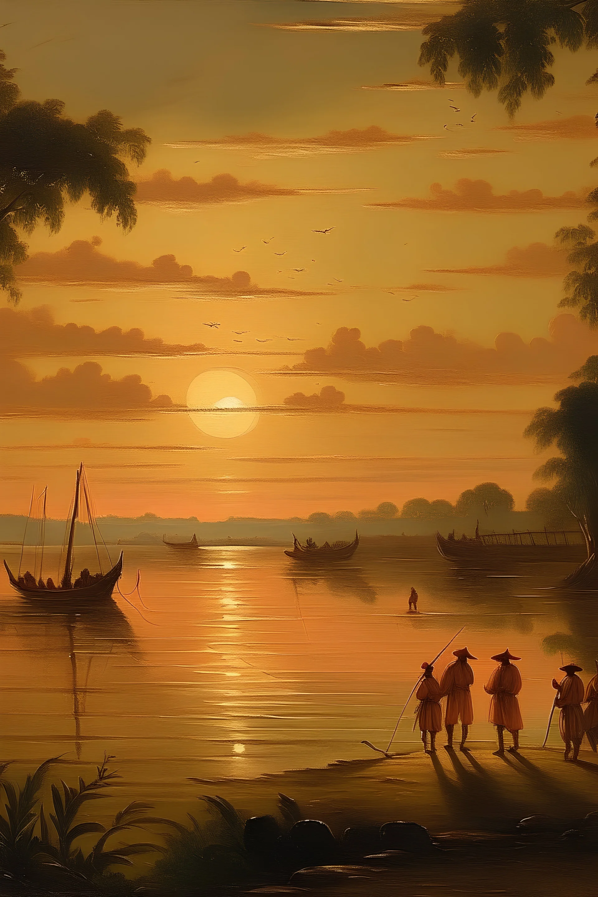 Una puesta de sol, a orillas del Río Parana, con pescadores en el agua al estilo Antonio Berni