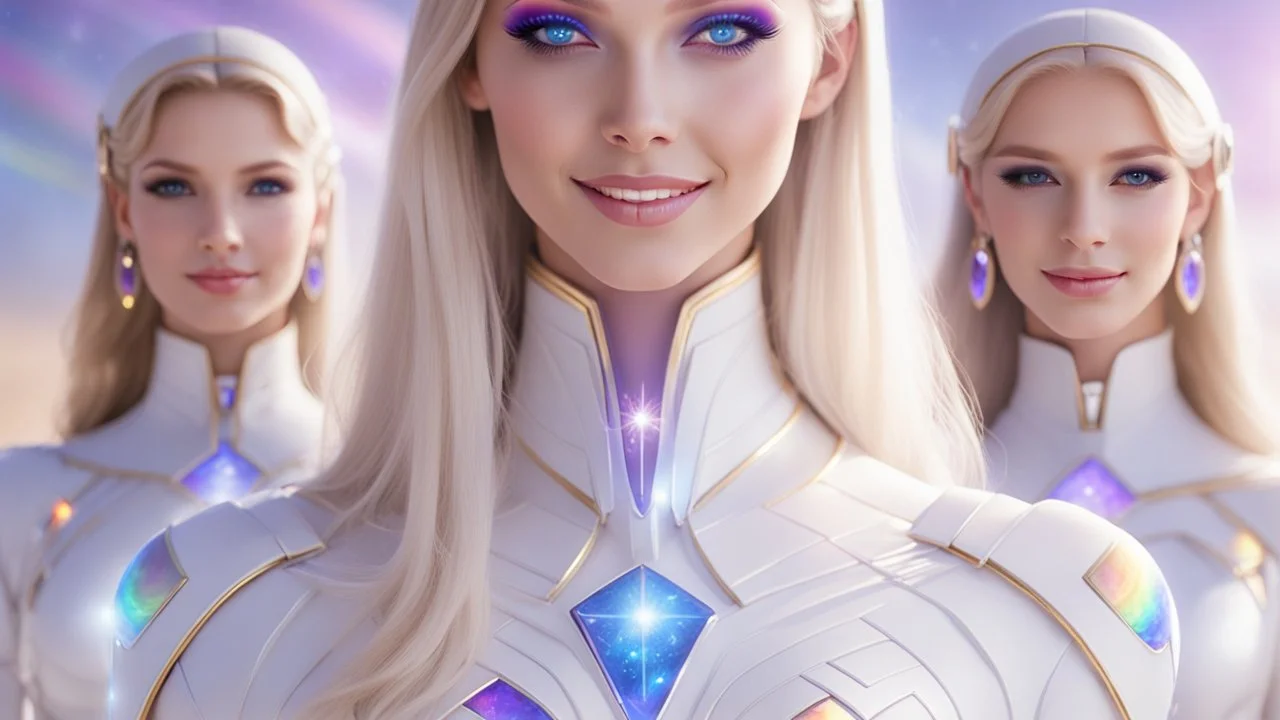 cosmic woman ,beautiful ufos rainbow, admiral from the future, galactic confédération, fine whole face, crystalline skin, expressive purple eyes,rainbow, smiling lips, very nice smile, costume pleiadian, Beautiful tall woman pleiadian Galactic commander, ship, perfect datailed golden galactic suit, high rank, long blond hair, hand whit five perfect detailed finger, amazing big puple eyes, mouth, high définition lips, cosmic happiness, bright colors