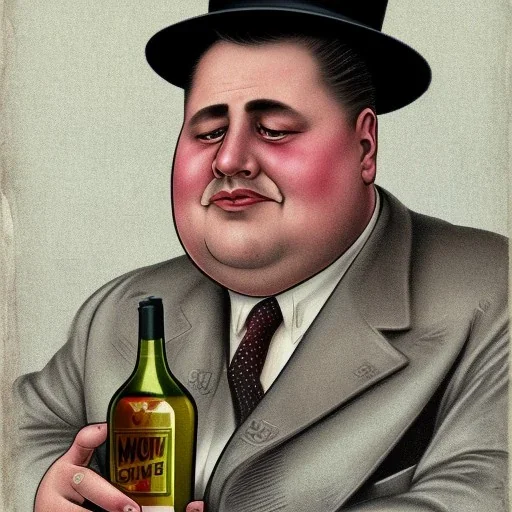 A 1930s Italian-American businessman with a bowler hat and a tattered suit. He is obese and sad. He holds a bottle of alcohol in his hand