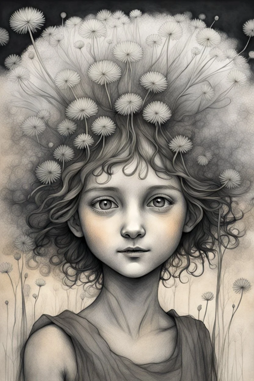 pencil and charcoal sketch of a cute happy little dandelion fairy girl, Mucha inspired emotional nature ephemeral sculptures of Andy Goldsworthy, tiny human form, essence captured as if created by surrealist photographer Noel S Osvald rendered in bright ombre colors, mixed with influences by John Bauer and Tim Burton, faded dark grey background, minimalistic art, with details that reflect advanced rendering techniques that push the drawing's realism even further Modifiers: trending on Artstation