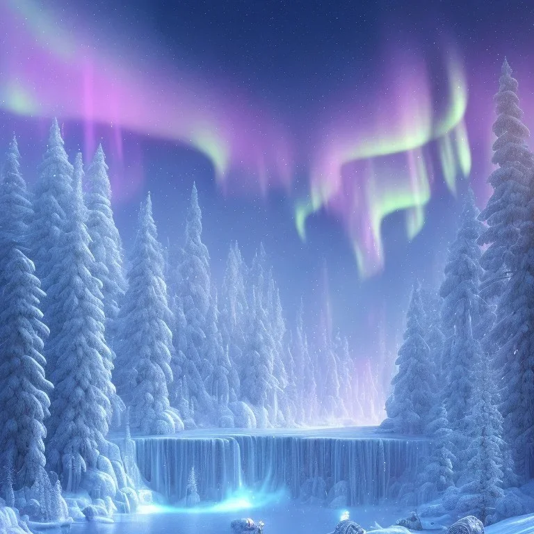 white and gold crystal background，waterfall, winter snow flakessnow, northern Lights, full of details, smooth, bright sunshine，soft light atmosphere, light effect，vaporwave colorful, concept art, smooth, extremely sharp detail, finely tuned detail, ultra high definition, 8 k, unreal engine 5, ultra sharp focus