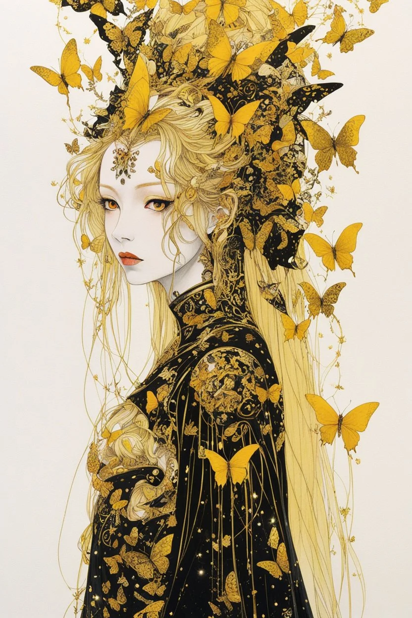 style of Yoshitaka Amano ~ Butterfly Empress, long huge flowing gold hair, yellow eyes. dressed in a cosmic gold plated Armor made of gold butterflies. standing in a room made of butterflies. surrealist. Shades of luminous black and yellow piercing shadow, reminiscent of Beuys and Qian Xuan.