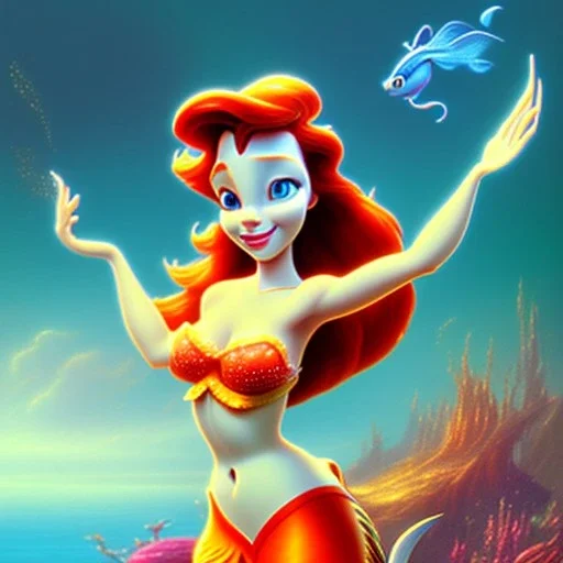 Disney'den Ariel yeşil kuyruklu, bir kayalığın üstünde oturuyor ve hafif gülümsüyor, orensje tarzında