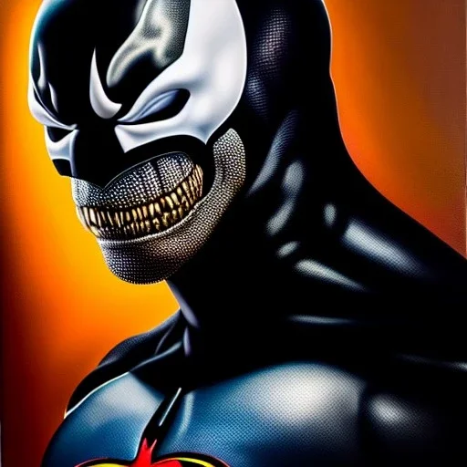 Ultra detailed fullbody Portrait in oil on canvas of Venom merges with Batman,extremely detailed digital painting, extremely detailed face,crystal clear Big eyes, mystical colors ,perfectly centered image, perfect composition, rim light, beautiful lighting,masterpiece,8k, stunning scene, raytracing, anatomically correct, in the style of robert e howard and Ken Kelley and Ohrai Noriyoshi and Simon Bisley and tomzj1