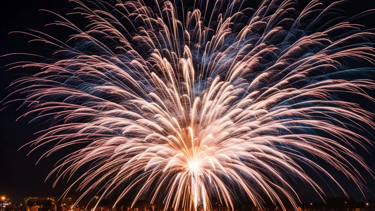 Magnificent firework display, amazing detail, beautiful composition, award-winning photograph, astonishing realism, 28mm lens, adjust perspective