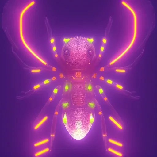 A beautiful portrait of a cyborg spider wite neon color scheme, high key lighting, volumetric light high details psychedelic background