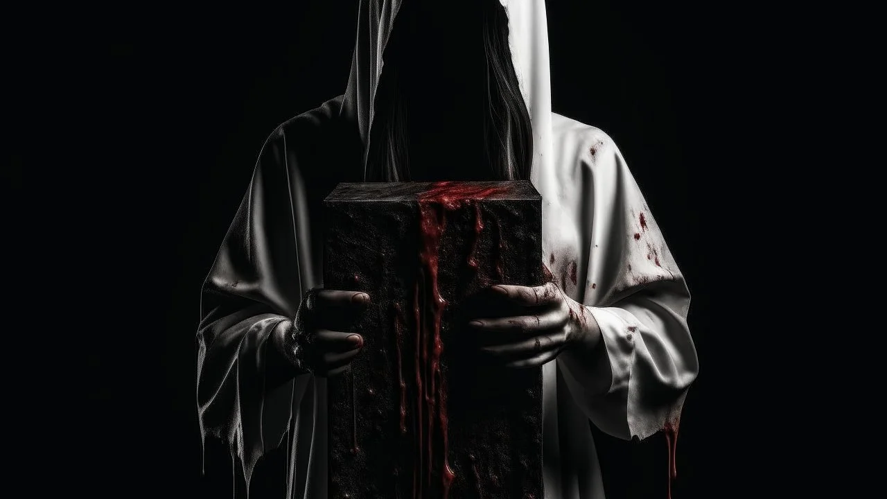 a faceless woman covered in blood holding up a black rectangular box