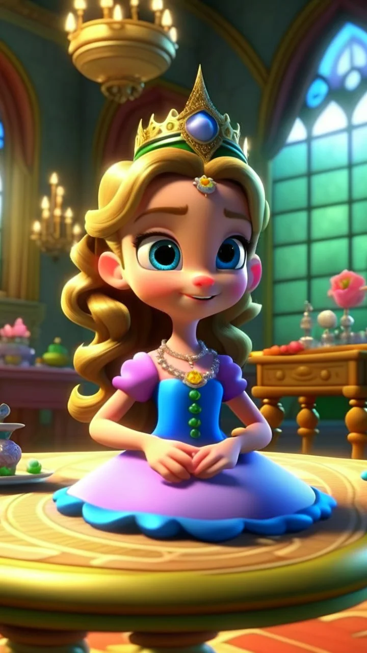 With ribbons and bows, and a table so neat, She readies the castle for a magical feat. The aroma of tea, in the air, starts to twirl, As Princess Penelope invites every boy and girl. , cartoon,3D