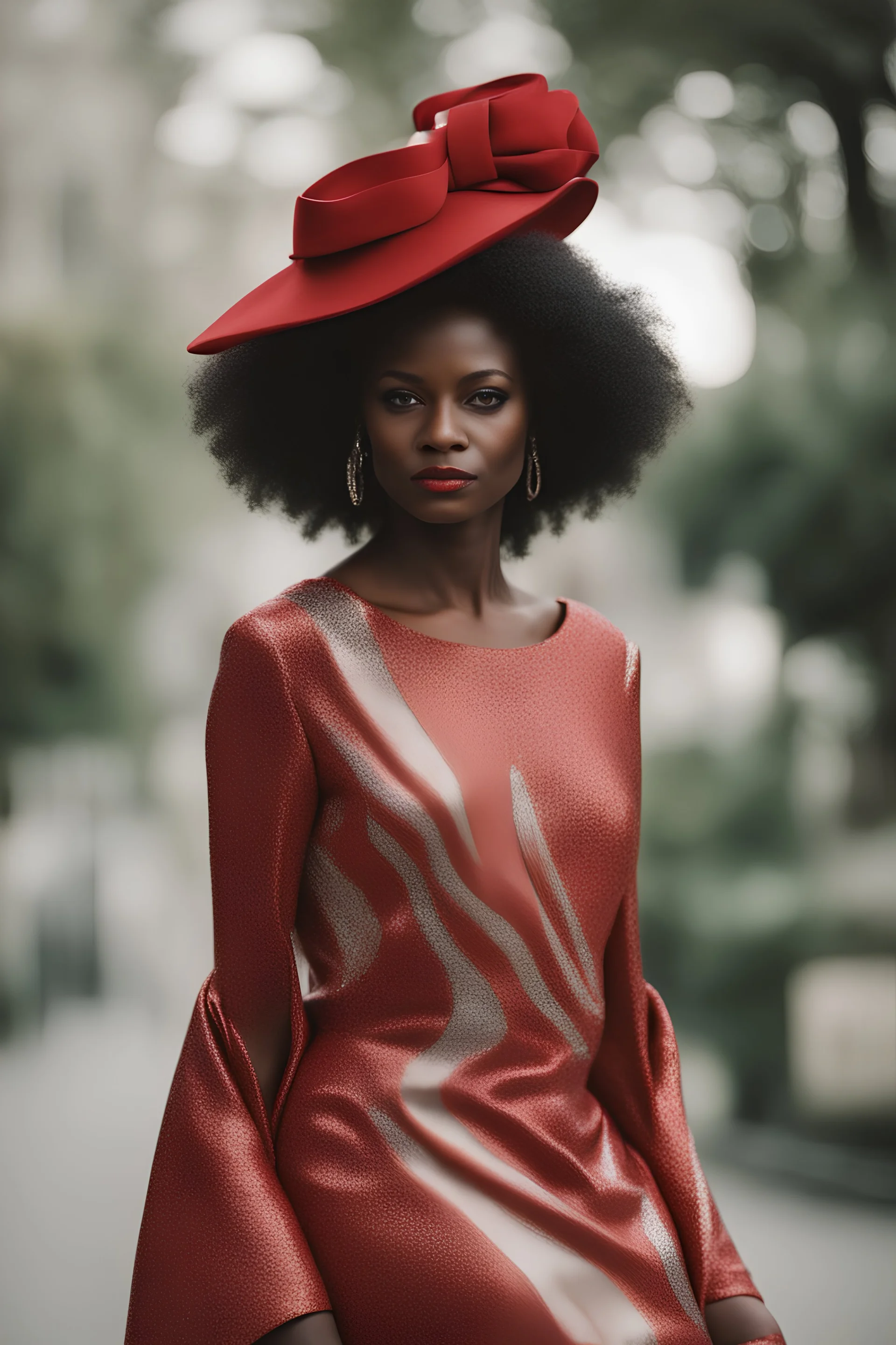 Portrait of a black woman wearing stylish red and silver dress.