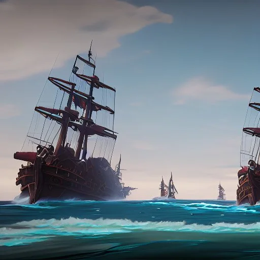 two pirate ships fighting each other at sea. They fire cannons at each other and one ship is hit and burns.