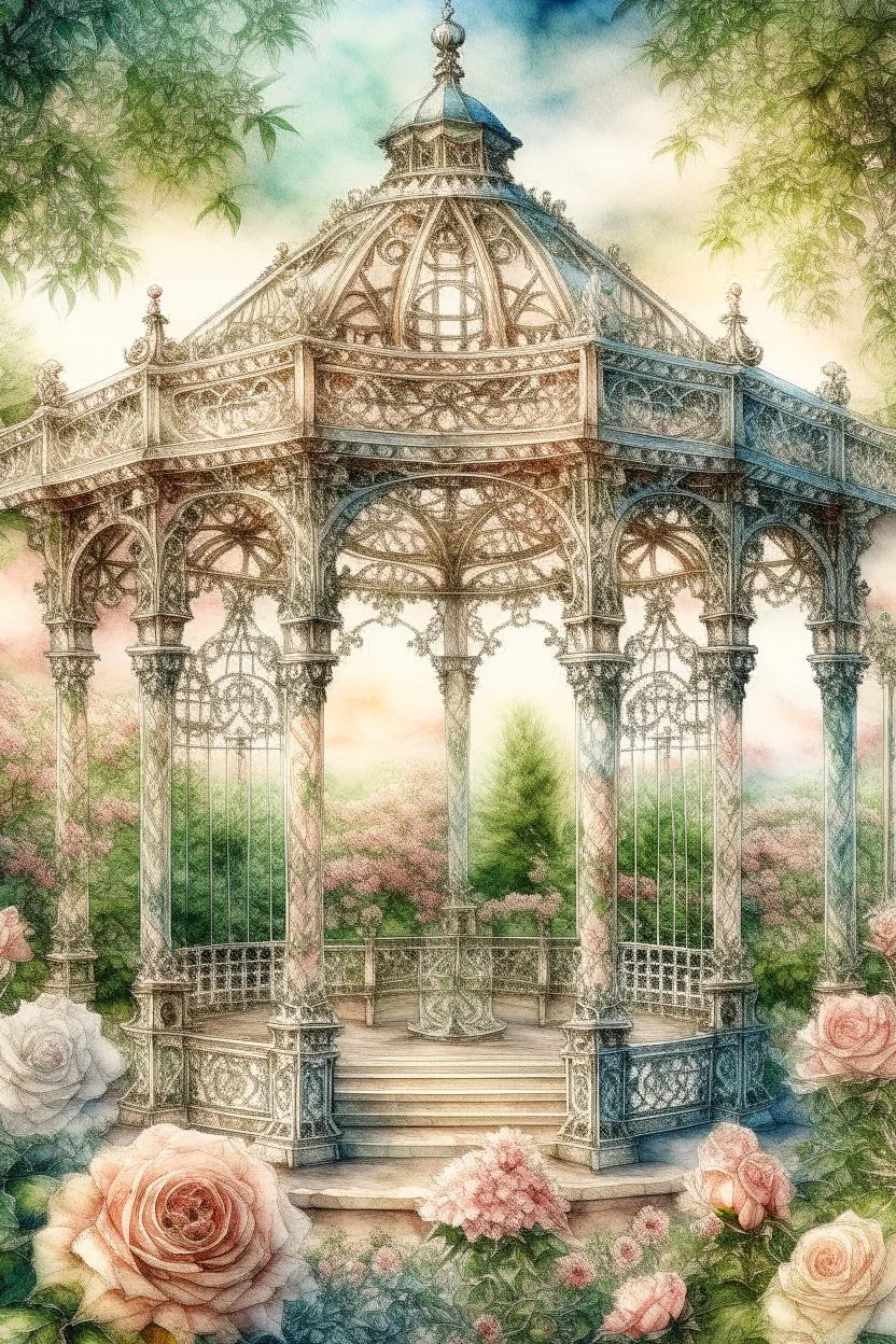 watercolor with drawing, Elegant filigree English gazebo entwined with gorgeous roses, beautiful landscape,magnificent peonies, large flowers pixel graphics, many details, subtle sensuality, realism, high quality, artwork, hyperdetalization, professionally, filigree, smoky haze, hyperrealism, transparency, delicate pastel tones, backlight, contrast, fantastic fabulous, unreal, translucent, luminous, clear lines.