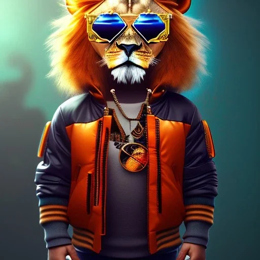 Lion toddler, smile, steampunk headphone, sunglass, gangsta neckless, full body, orange puffer jacket, tokio background, dramatic lighting, hyper realistic, unreal engine 5, 16k