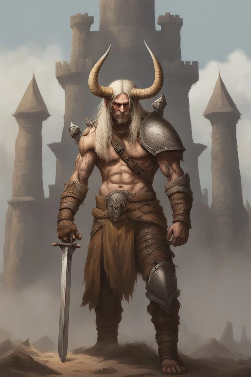 an extremely muscular 18-year-old Cotar the barbarian with tattoos, battle-scarred face, and long, shoulder-length bleach-blonde hair wearing leather shoulder and chest harness and armor, loincloth and a steel war helmet with horns and a buffalo hide brim, standing in front of a giant, skull-shaped castle raising the sword in his hand to the sky, 1200ppi, 2000dpi, Ultra-HD, hyper realistic, photorealistic, lifelike, professional grade photography, digital art