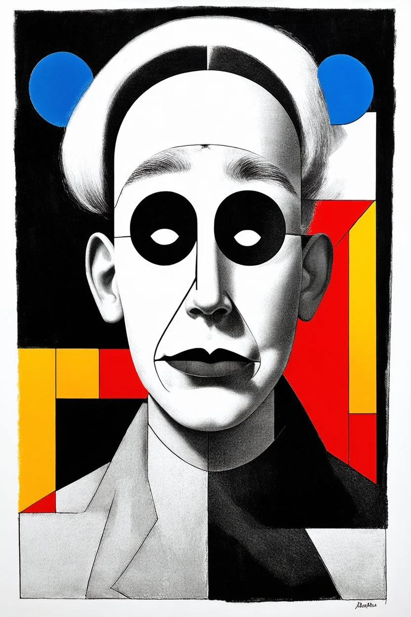 The hollow-face illusion; surreal artwork with colorful elements in the style of Paul Klee outside and black and white elements in the style of Andre Breton inside