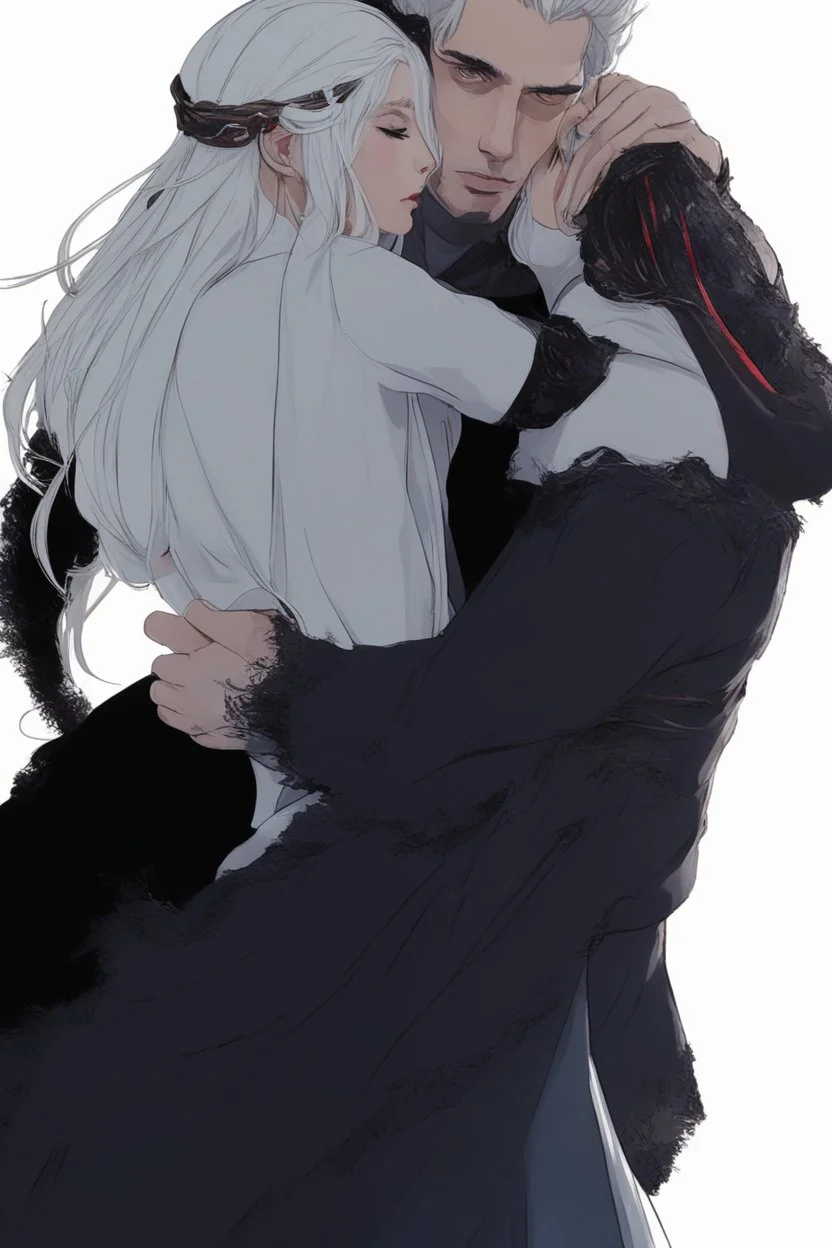 Couple from dnd passionate kissing, woman with white hair wearing a dress, man with long black hair tunic and red cloak.