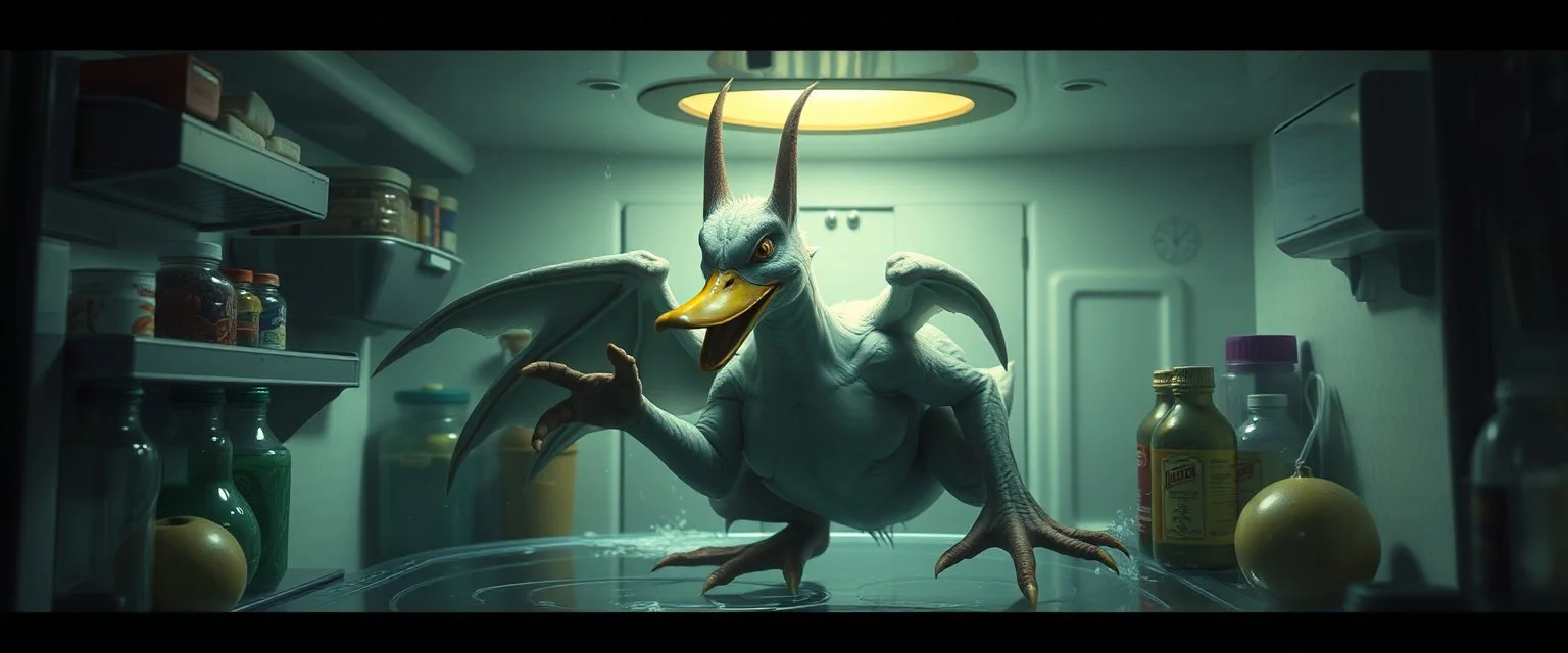 duck demon in the fridge in the style of fantasy art