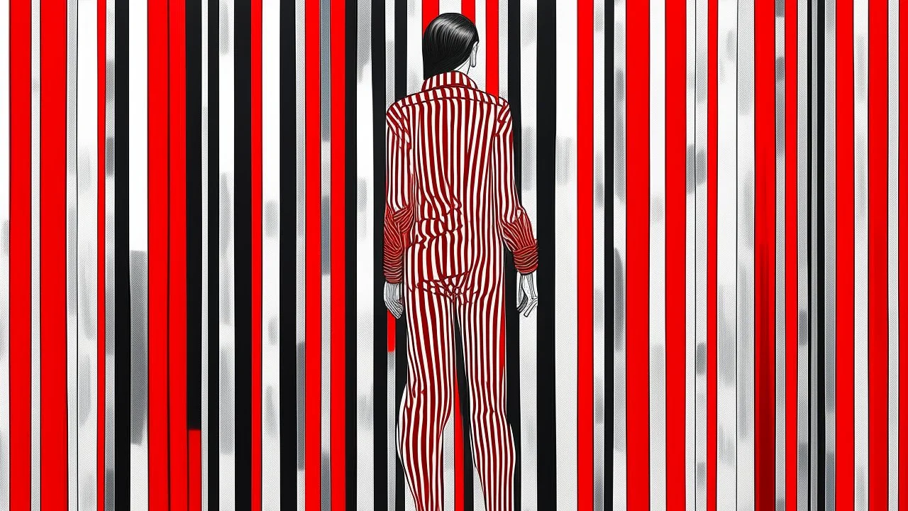 The image features a figure standing against a striking backdrop of red and white vertical stripes. The figure is also dressed in a form-fitting outfit that mirrors the background pattern. To the side, there is a stylized, abstract shape in a similar red and white color scheme, creating a cohesive and vibrant visual effect. The overall composition emphasizes a bold contrast and an immersive environment.