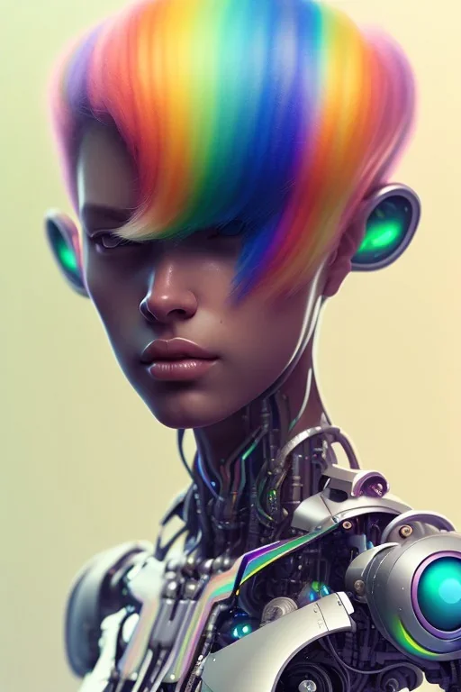 girl, cute, beautiful, shaved head, soft pastel rainbow hair, rainbow dress,robotic, african factions close up portrait by Greg Rutkowski