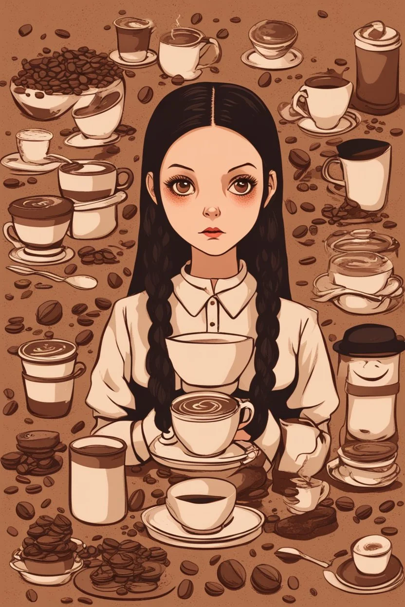 Wednesday Addams in front of Some Coffee cups and coffee beans and Other Things Arranged on a Brown Background