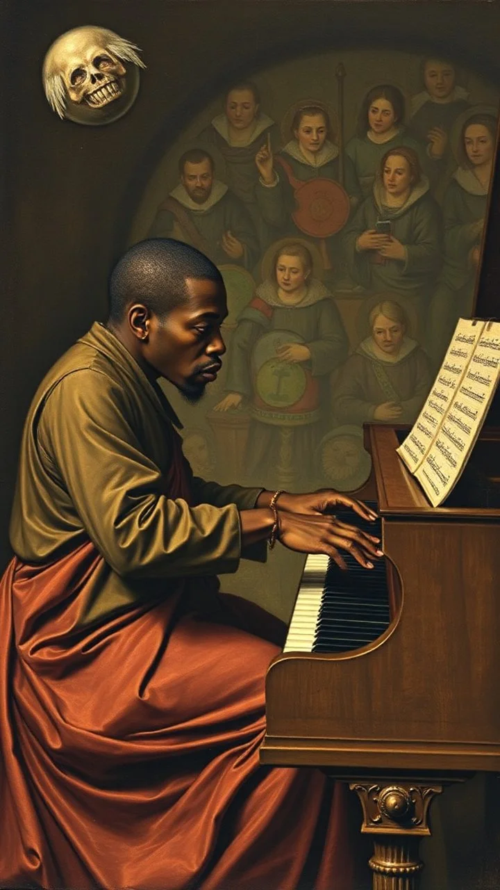 Hieronymus Bosch style , a black man playing the piano