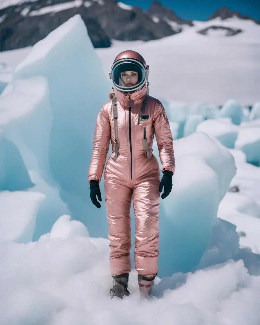 Fashion film in the icefields of Patagonia, a stunning supermodel in an incomplete Astronaut pink bronze suit discover the icefields and giant iceblocks and icebergs using stunning poses we can see her face through the glass . Supreme landscape, inticate background and a minimalist composition that creates a great megalophobia effect. Old lens, old Kodak vision filmstock, 1600 iso.