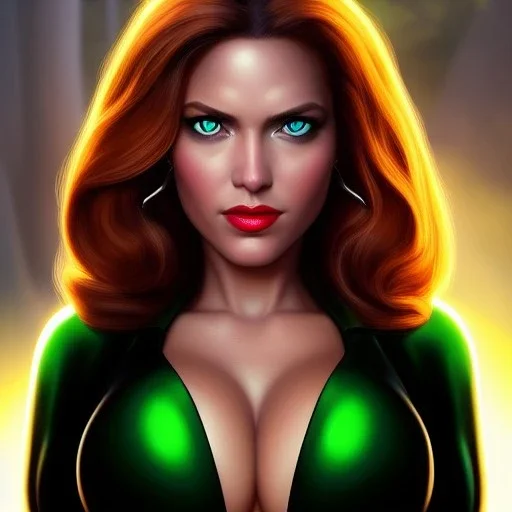 ultra detailed fullbody portrait of busty beautiful Black Widow, extremely detailed digital painting, intrincate, extremely detailed smiling face,crystal clear Big Green eyes, in the style of Adam Hughes , mystical colors , perfectly centered image, perfect composition, rim light, beautiful lighting,8k, stunning scene, raytracing