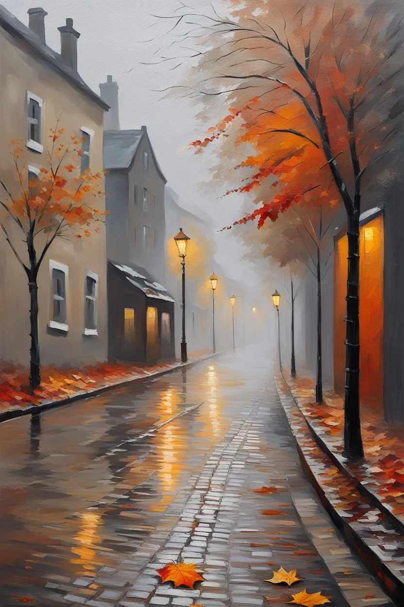 impressionism, oil, heavy impasto: dull and dreary deserted wet autumn cobbled grey street in a small town, heavy fog, (houses are grey:1.7), only (one:1.7) single fallen leaf on road, leaf in shades of pale orange and copper-red, autumn depression, melancholic vibe, unsaturated colors, faded palette, ground level view, deep low wide angle, a man and a women hugging and kissing in the rain