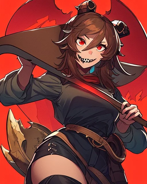 Black girl, brown hair and freckles on her cheeks, red eyes, has sharp teeth, wears a male battle outfit, has a large axe, hair covers one of her eyes, she is tall and strong