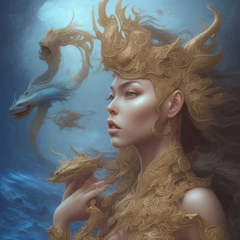 sango fantasy, fantasy magic, intricate, sharp focus, illustration, highly detailed, digital painting, concept art, matte, artgerm and paul lewin and kehinde wiley, masterpiece sexy lips Asian afro lips black African lady body mermaid Dragon head golden space lady sea under water mermaid pretty