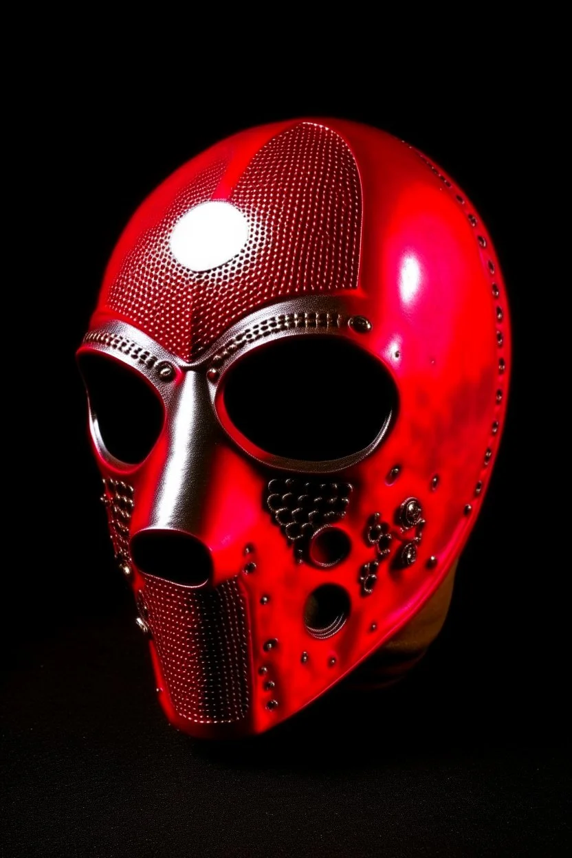 Create a metal mask that covers the bottom half of the face. The eye openings should be recessed and obscure the wearer’s eyes, showing them as glowing red. It should be gunmetal gray color and have symmetrical holes over the mouth area that glow slightly red. It should be worn by a rabbit and have a black hood