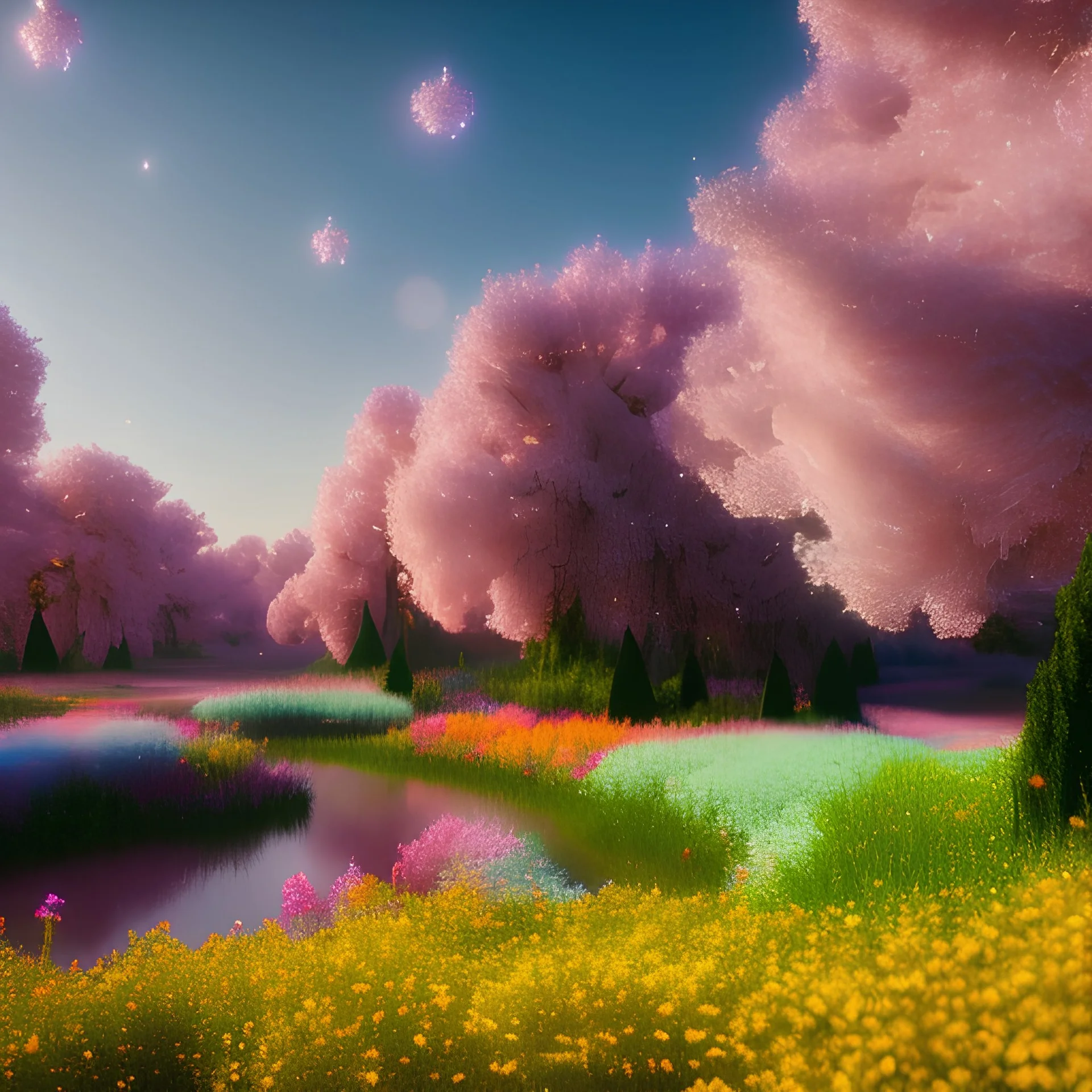 flowery countryside, glitter pink in a galactic ambiance, delicate colors in the foreground, full of details, smooth, light effect，vaporwave colorful, smooth, extremely sharp detail, finely tuned detail, ultra high definition, 8 k, unreal engine 5, ultra sharp focus