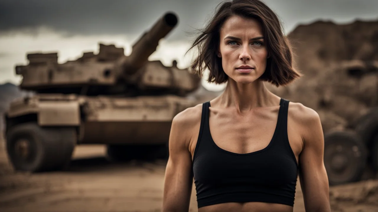 beautiful slender caucasian female technician, black tank top, well toned muscles, weathered face, scratched sand camo metal details, short brunette wavy bob haircut, dystopian, desert scene, being hit by a bullet, explosions in background