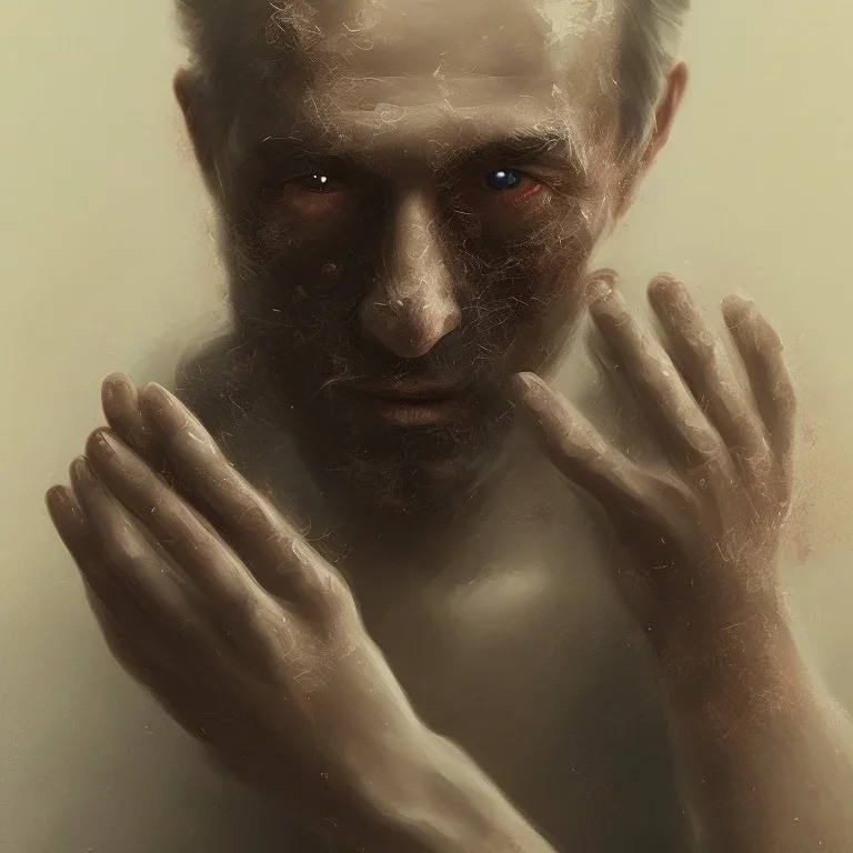 Extremely detailed portrait of a man covering his fading face with multiple hands and finger covering his face, digital painting.